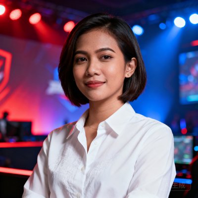 东南亚电竞联赛运营经理李女士的职场形象照，干练的短发搭配白色衬衫，身后是电竞比赛现场炫彩的舞台灯光。