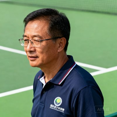 国际青少年网球锦标赛技术总监王先生的半身照，戴着眼镜，穿着赛事官方POLO衫，站在网球场地边线旁。